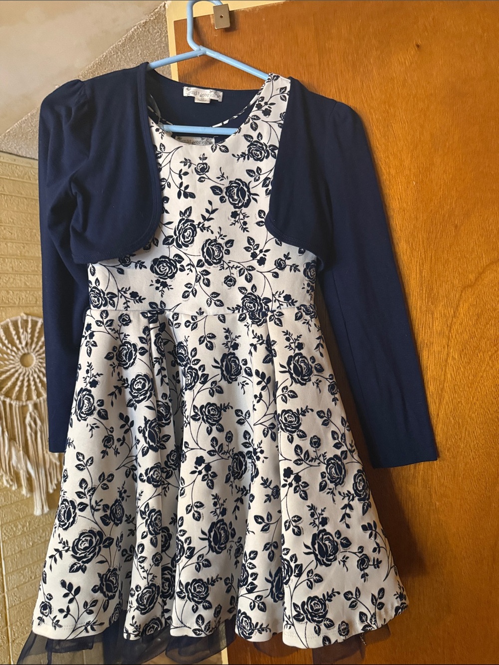 Knitworks Navy and White Floral Fit-and-Flare Dress with Navy Bolero
